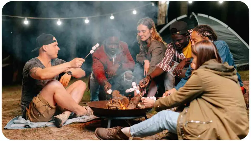 a group of people sitting around a campfire and roasting marshmallows
